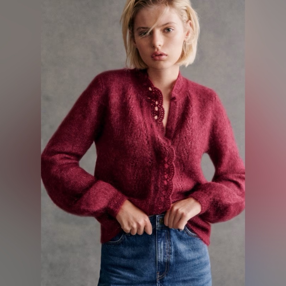 Sezane Angie Elegant Burgundy Knit Sweater Cardigan